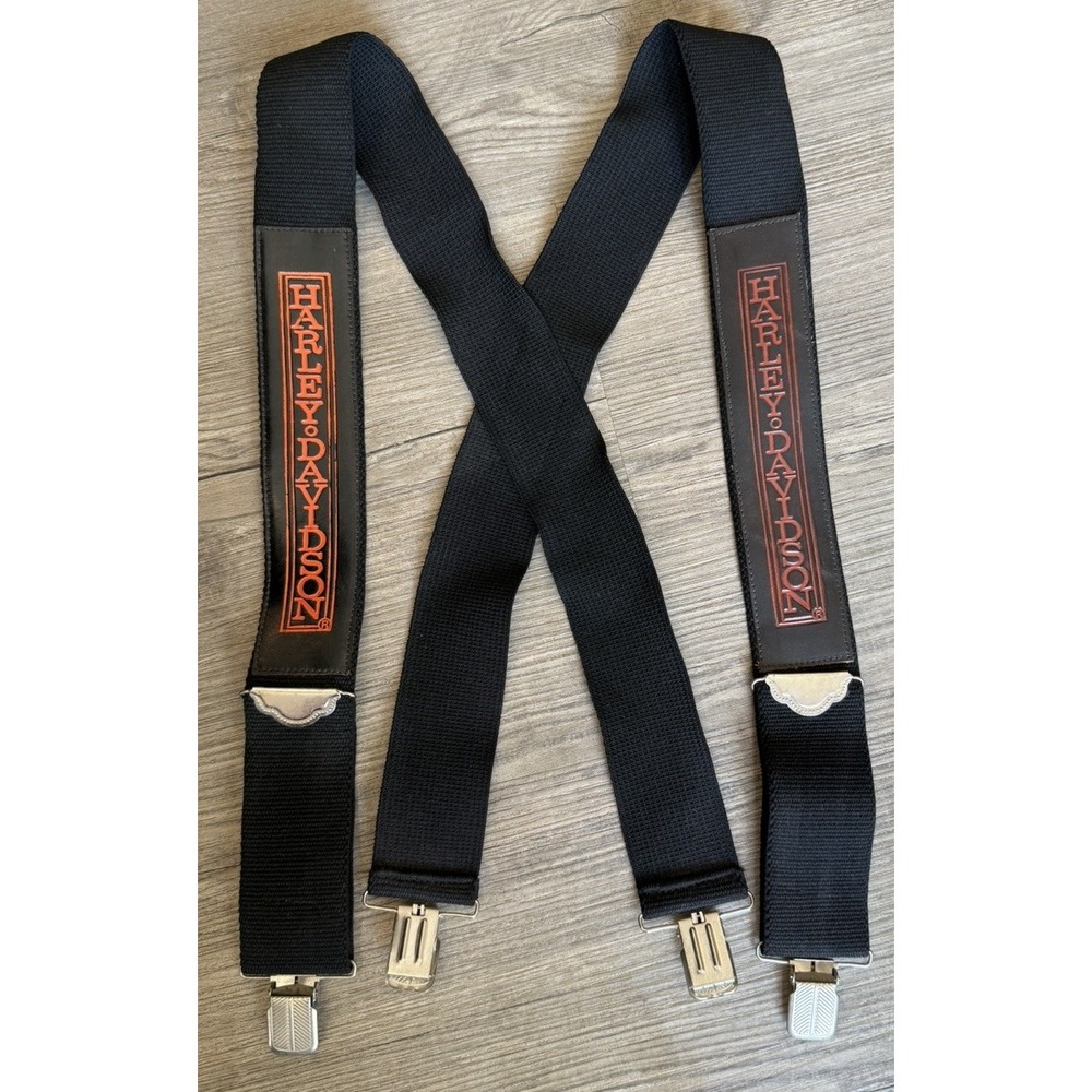 VTG Harley Davidson Mens Black Adjustable Suspenders Clip Elastic Leather BIKER